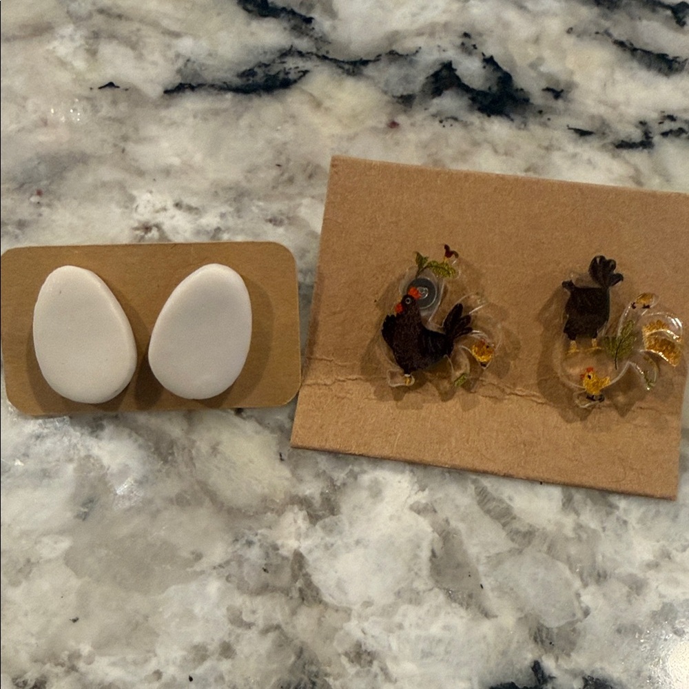 White Teardrop Resin Studs and Clear Rooster Charm Earrings